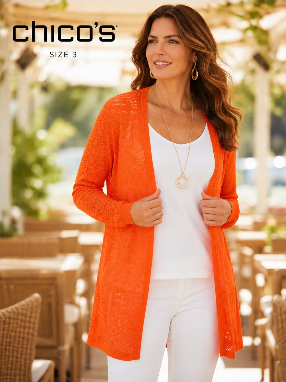 Chico’s Size 3 Orange Open Knit Cardigan + White Tank Set XL 16 18